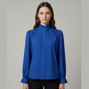 Vintage Sweet n Sassy Blouse Womens Size Medium Blue Ruffled Neck Preppy